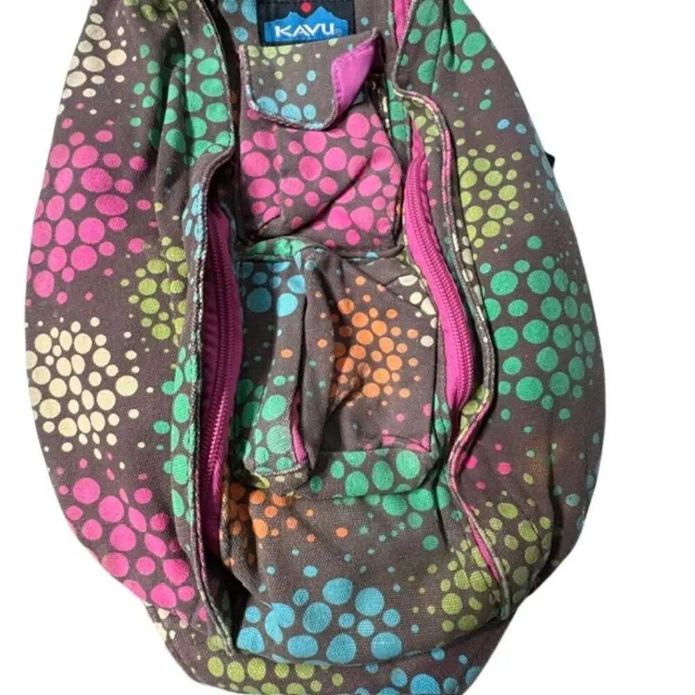 KAVU Rope Bag Sling Backpack Brown Multi Dot Canvas Crossbody Travel Hiking OS